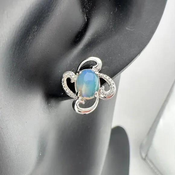 Mesmerizing Natural Cabochon Black Opal Earrings Diamond Accent Sterling Silver